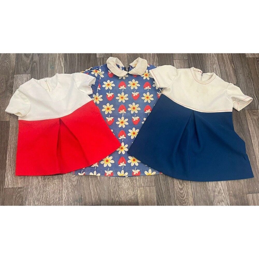 Lot of 3 Vintage 60s 70s Handmade Toddler baby Girl  Dress Mod Flower